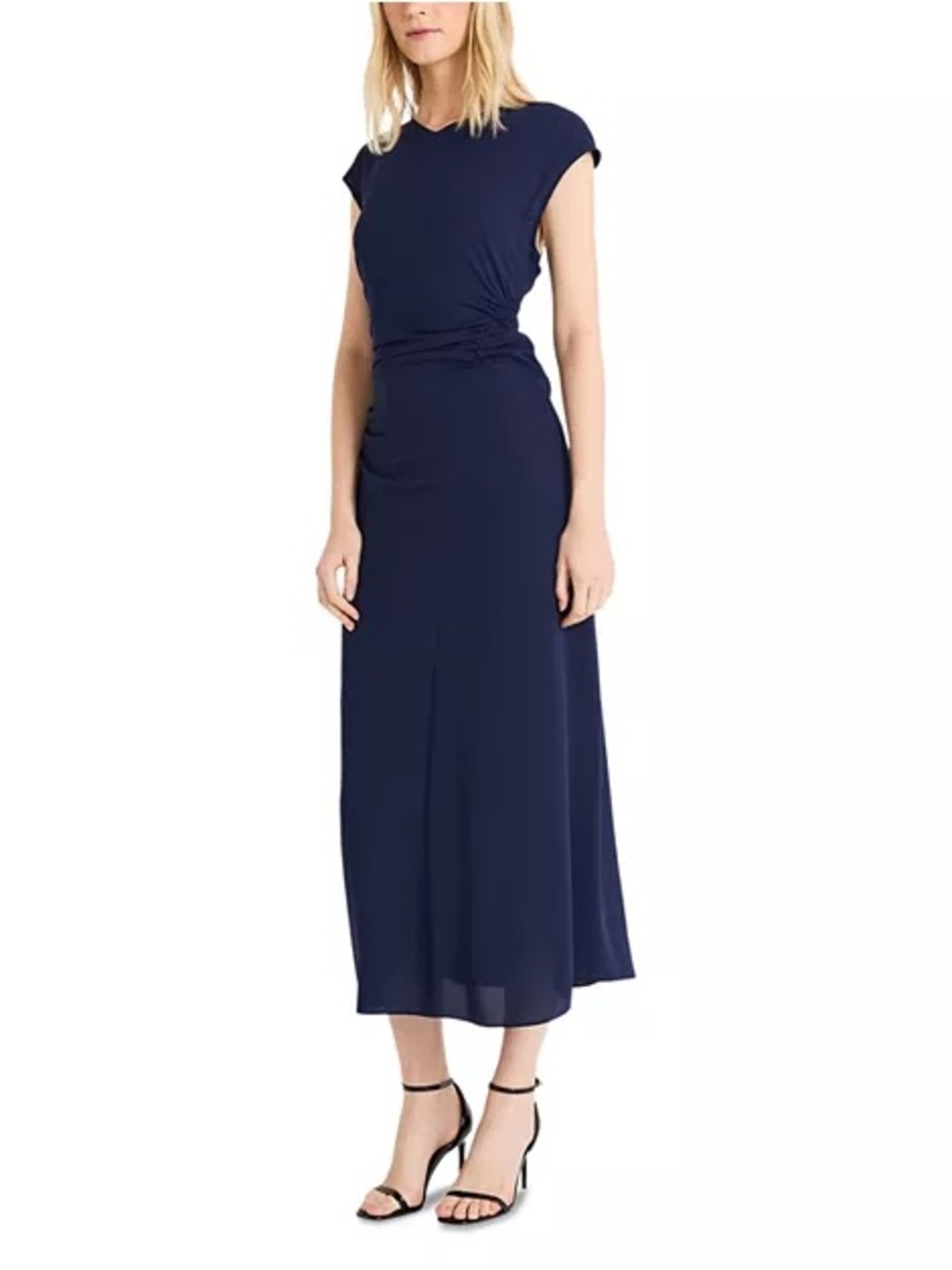 NWT Luxely Short Sleeve Ruched Bias Cut Midi Dress - Size 8 - Navy Twist-Waist